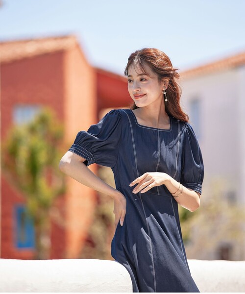 「Tiaclasse」 半袖ワンピース 9号 ネイビー レディース_画像7