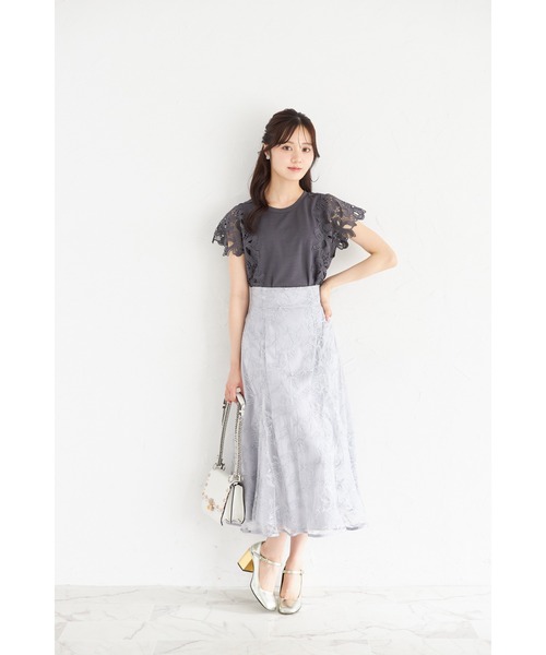 tocco closet 3Dフラワー刺繍バックレースアップフレアスカート きらきらスパンコール入り3Dフラワー刺繍バックレースアップ