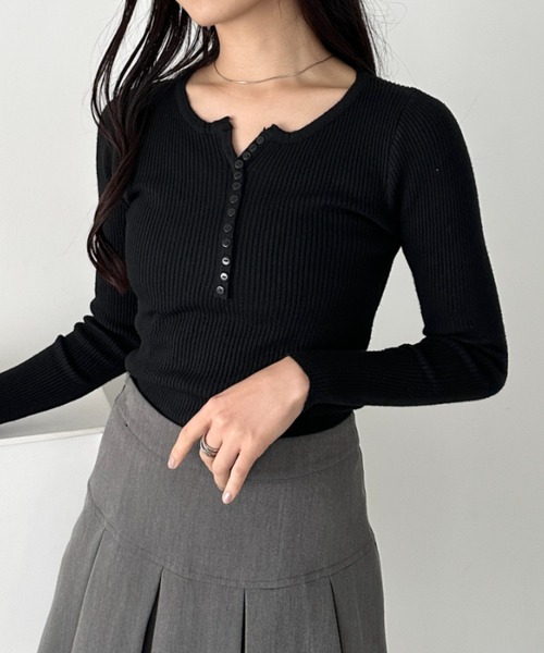 CLEA tシャツ ヘンリーネックコンパクトリブトップス レディース