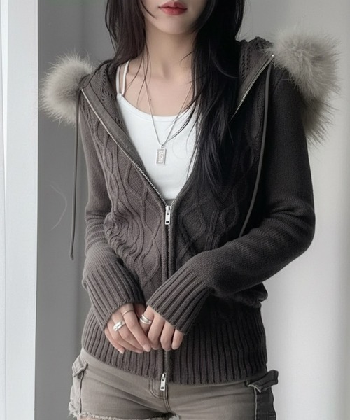 WESTSEA（ウエストシー） ニット セーター ファー付き ケーブル編み