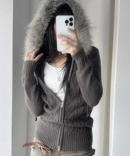 WESTSEA（ウエストシー） ニット セーター ファー付き ケーブル編み