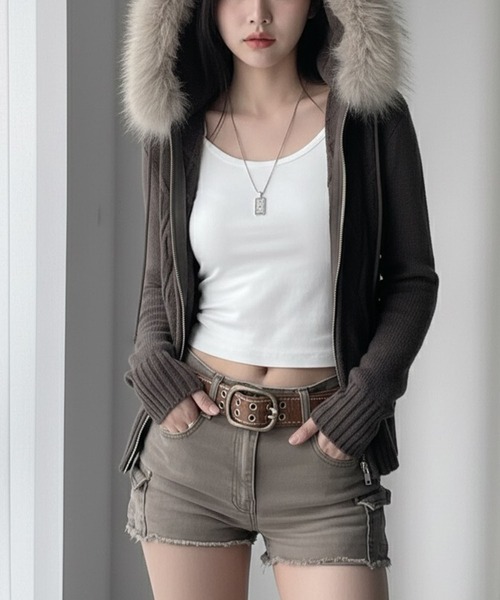 WESTSEA（ウエストシー） ニット セーター ファー付き ケーブル編み