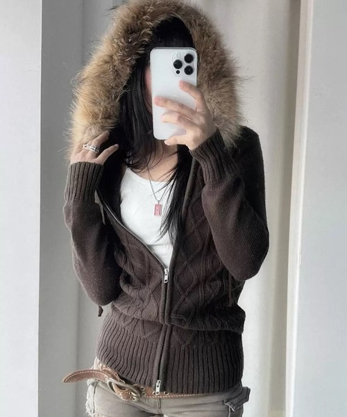 WESTSEA（ウエストシー） ニット セーター ファー付き ケーブル編み