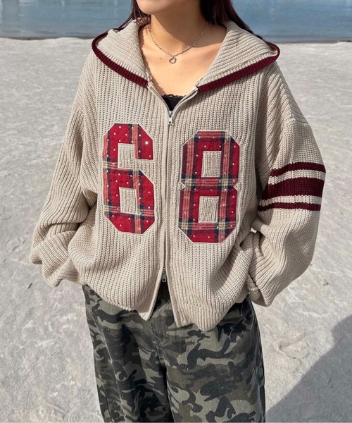 セーター ニット ラインストーンアップリケジップニットパーカー