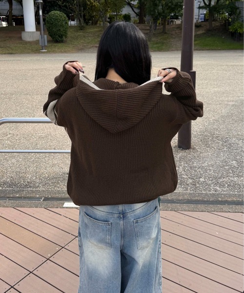 セーター ニット ラインストーンアップリケジップニットパーカー