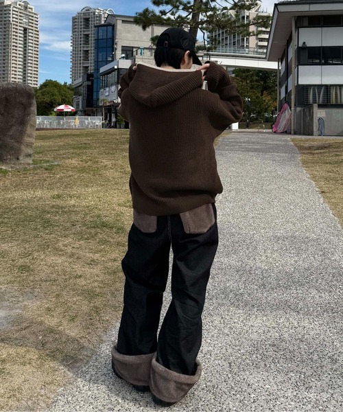 セーター ニット ラインストーンアップリケジップニットパーカー