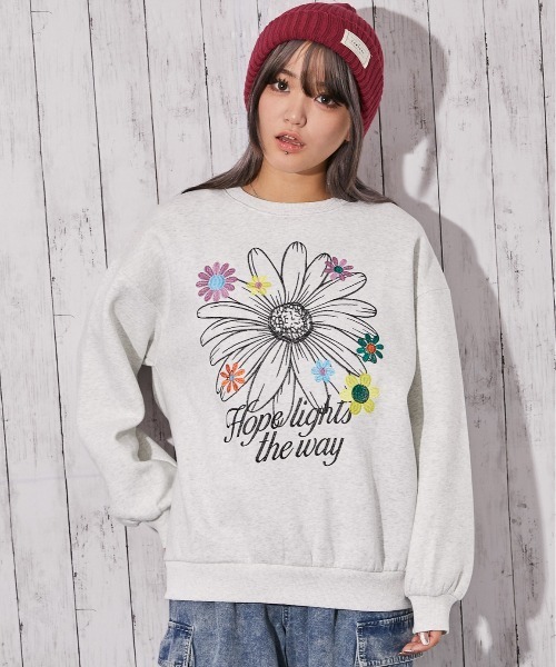 トレーナー スウェット 「フラワー刺繍×裏起毛」ストリートフェミ