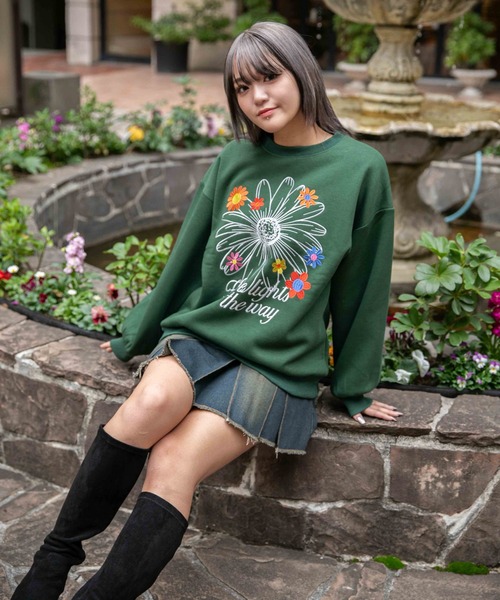 トレーナー スウェット 「フラワー刺繍×裏起毛」ストリートフェミ