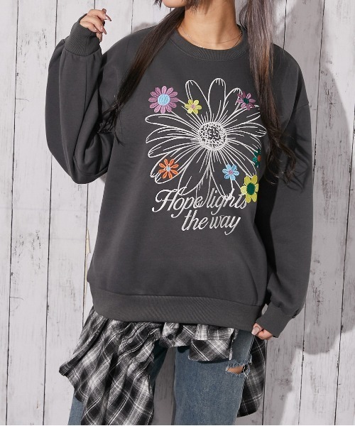 トレーナー スウェット 「フラワー刺繍×裏起毛」ストリートフェミ