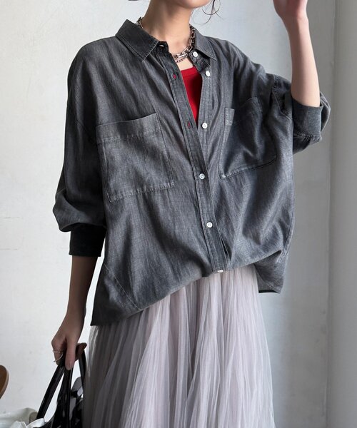 DouDou】袖リブシアーデニムシャツ サックスブルー 新品！ 袖リブ