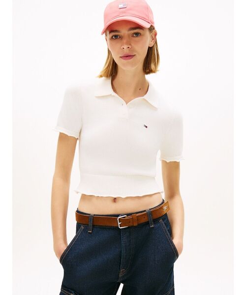 新品 トミージーンズ ポロセーター 半袖 短丈 ロゴ リブニット シャツ 白 JANG WON YOUNG着用】ガーメントダイケーブルポロセーター | トミー