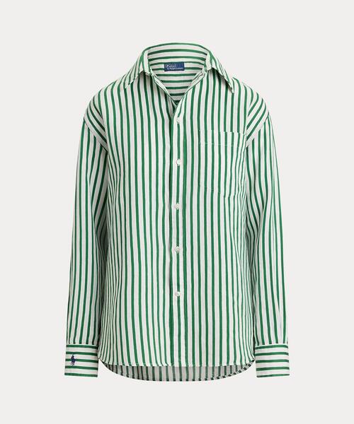 ポロラルフローレン リネンシャツ 緑　Relaxed Fit ストライプ M POLO RALPH LAUREN（ポロ・ラルフローレン） ブラウス シャツ オーバー
