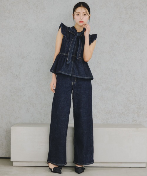 ワイドパンツ ジーンズ デニム デニムパンツ SOMETHING 別注レースアップワイドデニムパンツ レディースの画像