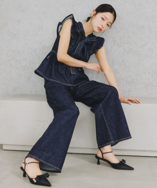 ワイドパンツ ジーンズ デニム デニムパンツ SOMETHING 別注レースアップワイドデニムパンツ レディースの画像