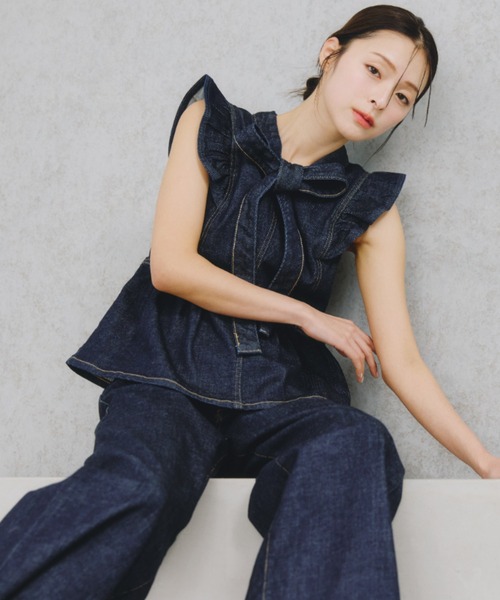 ワイドパンツ ジーンズ デニム デニムパンツ SOMETHING 別注レースアップワイドデニムパンツ レディースの画像