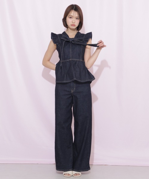 ワイドパンツ ジーンズ デニム デニムパンツ SOMETHING 別注レースアップワイドデニムパンツ レディースの画像