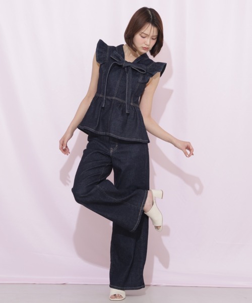 ワイドパンツ ジーンズ デニム デニムパンツ SOMETHING 別注レースアップワイドデニムパンツ レディースの画像