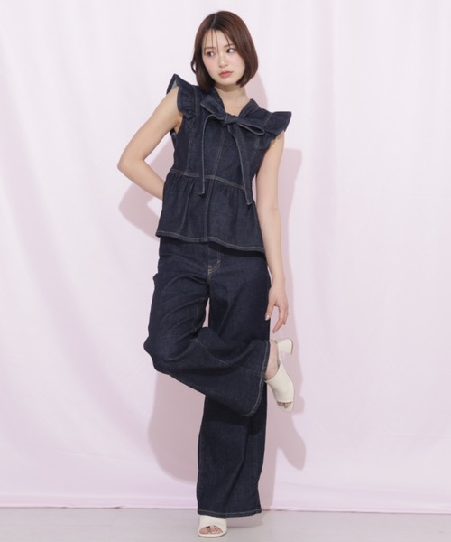 ワイドパンツ ジーンズ デニム デニムパンツ SOMETHING 別注レースアップワイドデニムパンツ レディースの画像
