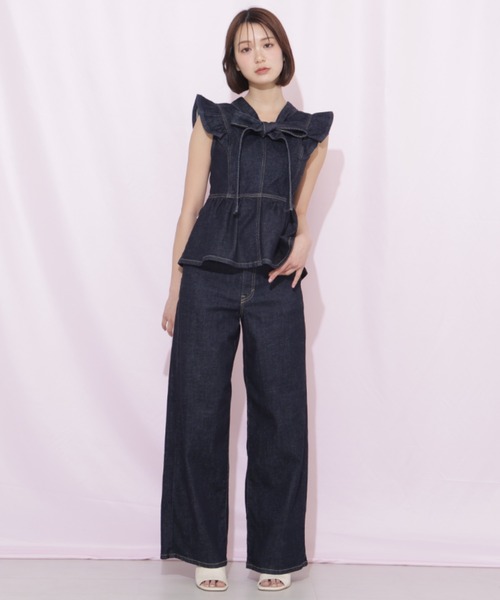 ワイドパンツ ジーンズ デニム デニムパンツ SOMETHING 別注レースアップワイドデニムパンツ レディースの画像