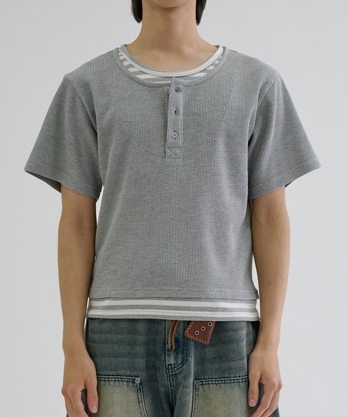ヘンリーネック tシャツ Layered border short sleeve henly