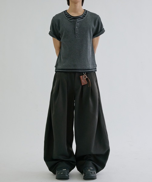 ヘンリーネック tシャツ Layered border short sleeve henly