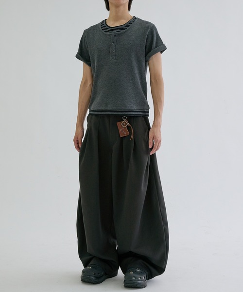 ヘンリーネック tシャツ Layered border short sleeve henly