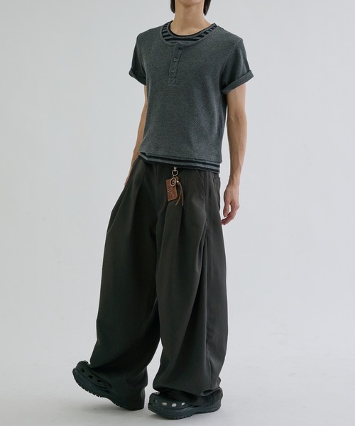ヘンリーネック tシャツ Layered border short sleeve henly