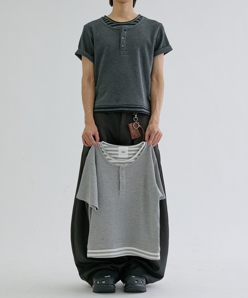 ヘンリーネック tシャツ Layered border short sleeve henly