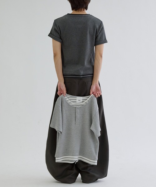 ヘンリーネック tシャツ Layered border short sleeve henly