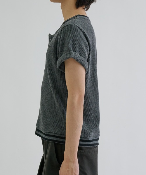 ヘンリーネック tシャツ Layered border short sleeve henly