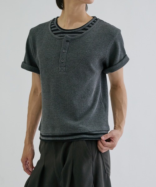 ヘンリーネック tシャツ Layered border short sleeve henly