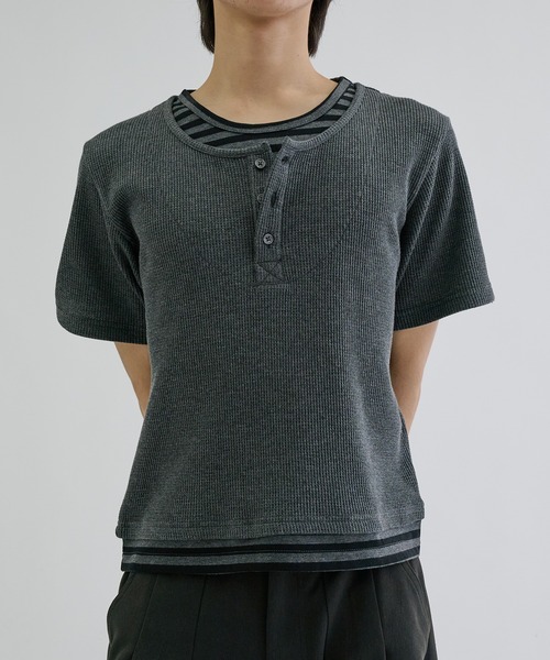 ヘンリーネック tシャツ Layered border short sleeve henly