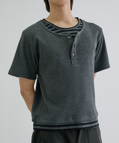 ヘンリーネック tシャツ Layered border short sleeve henly