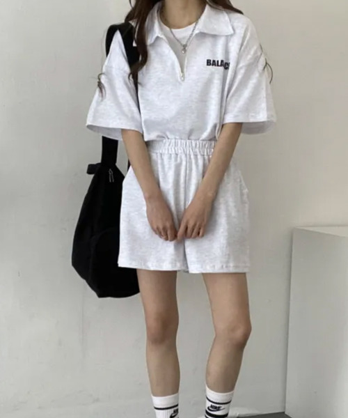 セットアップ 夏 ハーフジップ半袖プルオーバー×ショートパンツ