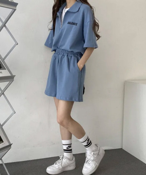セットアップ 夏 ハーフジップ半袖プルオーバー×ショートパンツ