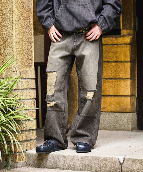 niko and…（ニコアンド） ワイドパンツ ジーンズ Distressed Denim