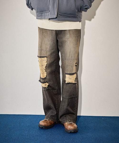 niko and…（ニコアンド） ワイドパンツ ジーンズ Distressed Denim