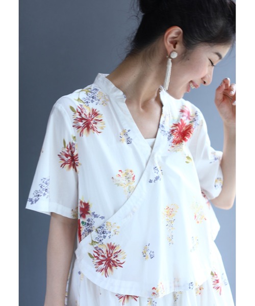 絹100% カシュクール風 シアー ワンピース 花柄 38 伊製 0C4EF4