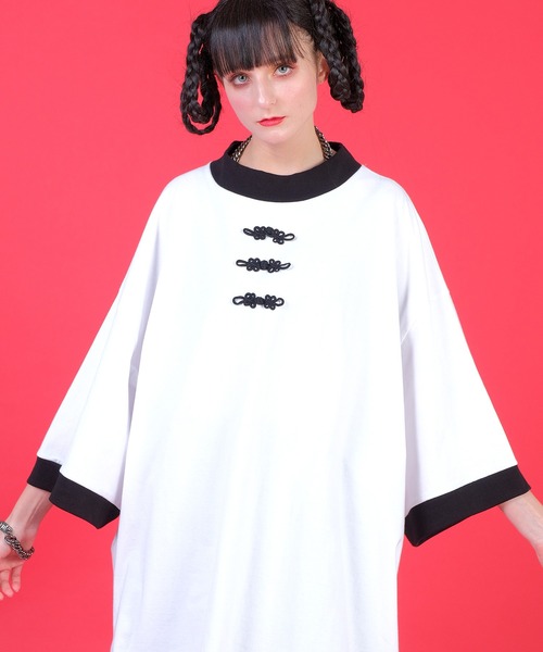 tシャツ チャイナボタンモックリンガーＴシャツ -オーバーサイズ- レディース メンズ