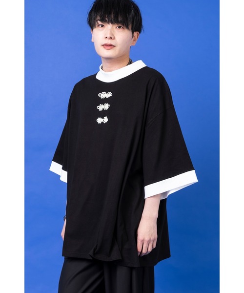 tシャツ チャイナボタンモックリンガーＴシャツ -オーバーサイズ- レディース メンズ