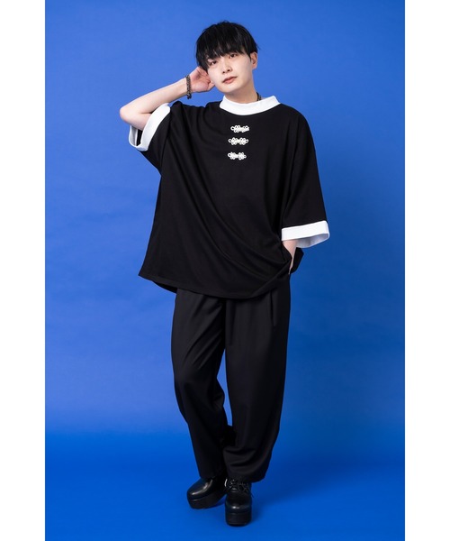 tシャツ チャイナボタンモックリンガーＴシャツ -オーバーサイズ- レディース メンズ