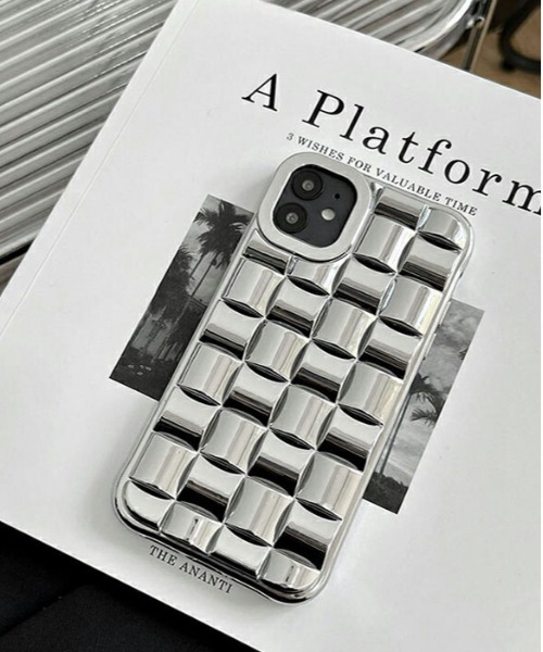 スマホケース 立体編みデザインのシルバー シリコン iPhone