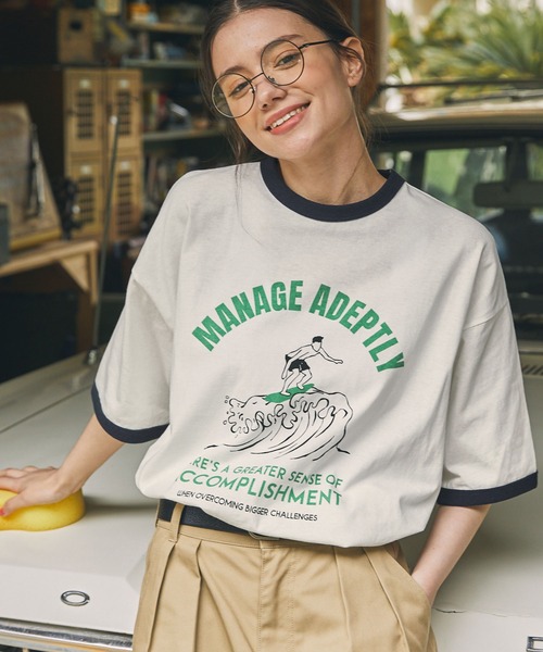 tシャツ 半袖 リンガー サマーバケーショングラフィックプリント半袖T