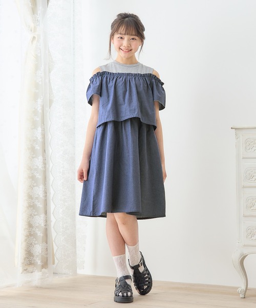 Amourire girl ワンピース オープンショルダーデニムドッキング