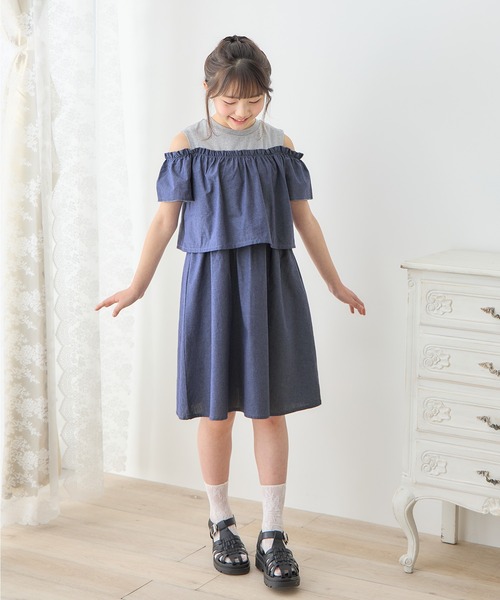 soorploom  ワンピース　10歳 Amourire girl ワンピース オープンショルダーデニムドッキング