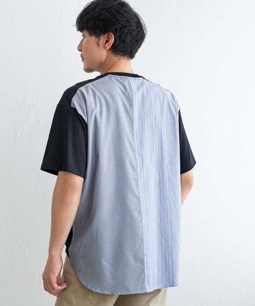ikka（イッカ） tシャツ ストライプブロード切り替えTシャツ メンズ