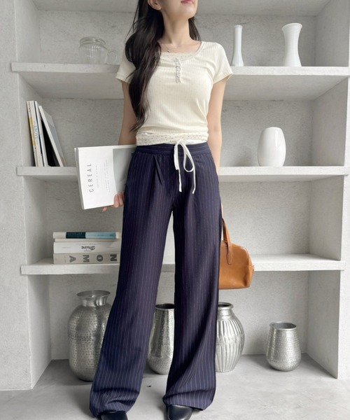 ピンストライプパンツ /Pinstripe Wrap Layered Pants スラックス パンツ レイヤード ピンストライプ ダブルウエスト