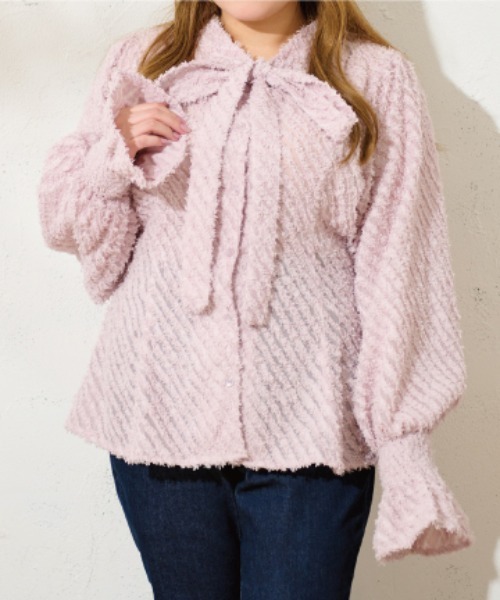 ブラウス シャツ 「大きいサイズ」 ベルスリーブジャガードボウタイブラウス レディース