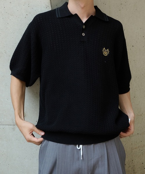 Perushu ポロシャツ クラシック刺繍ロゴポロニット メンズ