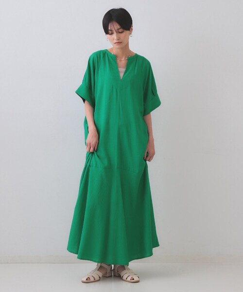 美品 ハウスオブロータス 洗える キーネック ロングワンピース グリーン M OPAQUE.CLIP（オペークドットクリップ） ワンピース レーヨン麻
